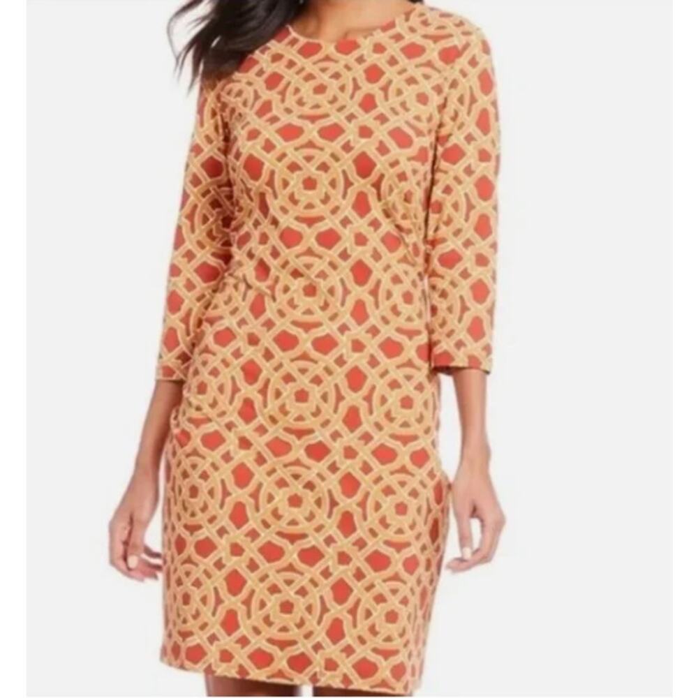 J. McLaughlin Sophia Catalina Sheath Dress Geometric‎ Red Orange 3/4 Sleeves L